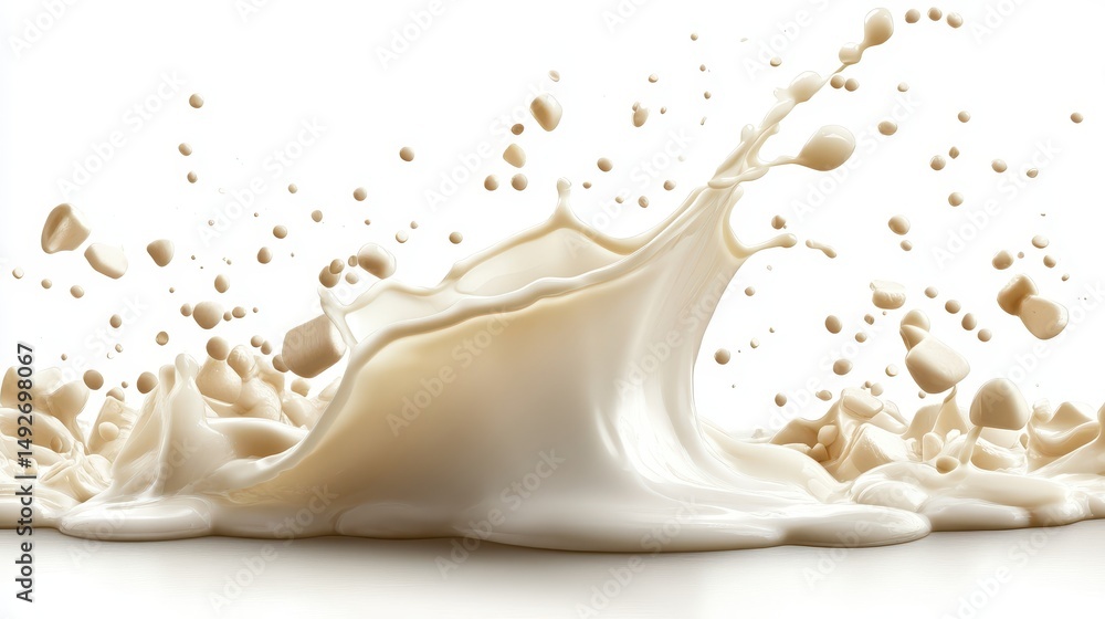 Beige liquid splashes and droplets on white background create dynamic shape. Perfect for dairy, protein, drink, and healthy lifestyle themed projects. Beige liquid splashes and droplets on white background create dynamic shape. Perfect for dairy, protein, drink, and healthy lifestyle themed projects.