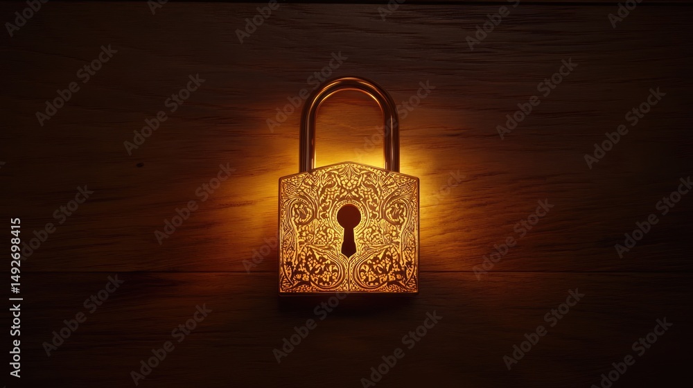 Fototapeta premium Illuminated padlock on wooden surface in low light.