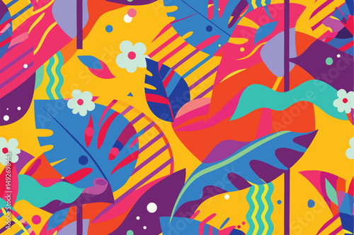 Vibrant abstract floral pattern with bold colors and layered organic shapes on white