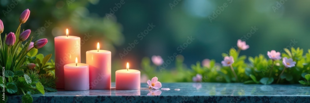 Soft bunny tail grass, glowing candles on marble Panoramic view , art, still life, white Soft bunny tail grass, glowing candles on marble Panoramic view , art, still life, white