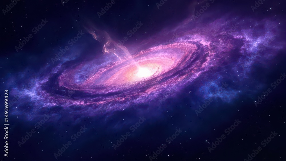 Fototapeta premium A stunning, vividly colored image of a swirling cosmic nebula, with deep purple and blue hues, punctuated by a bright center of light. This mesmerizing space scene evokes wonder and mystery