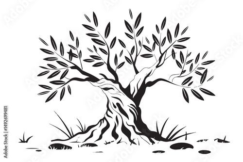 Ancient Twisted Olive Tree Vector Illustration