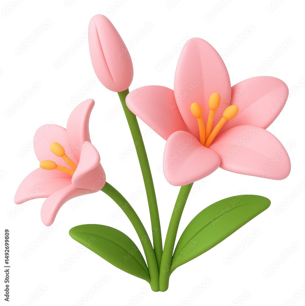 Fototapeta premium Pastel Pink Lilies 3D Render Delicate Bloom with Green Leaves on Transparent Background
