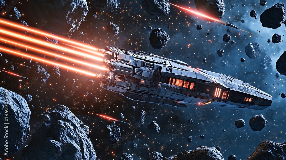Naklejka premium Futuristic spaceship in space combat