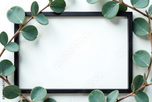 Black frame with eucalyptus branches, white backdrop Flat lay , modern, grey, square