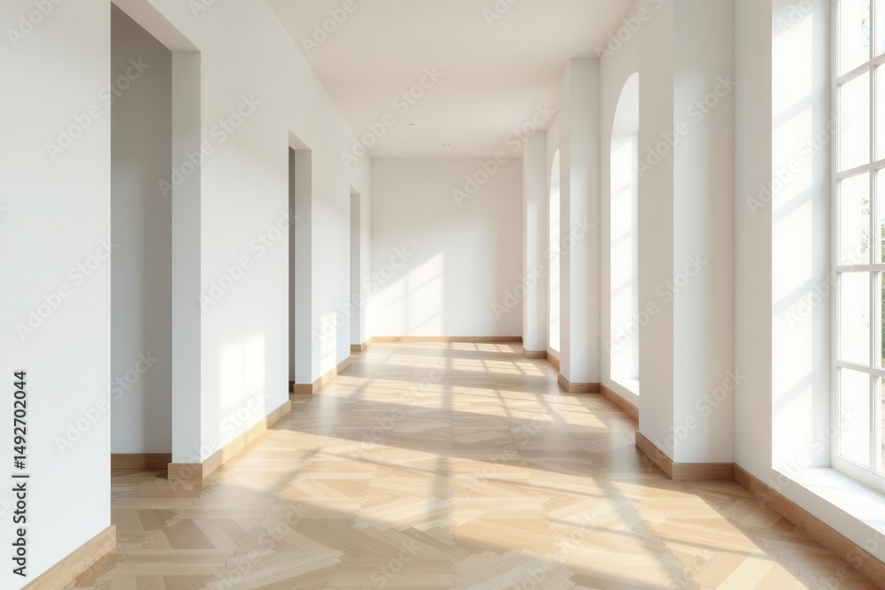 Obraz premium Bright white hallway, parquet floor Minimalist interior design , texture, interior design, peaceful