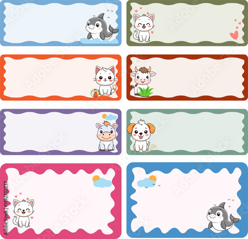Set sticker for notebook. Back to school labels. Cute blank label stickers. Animal labels.