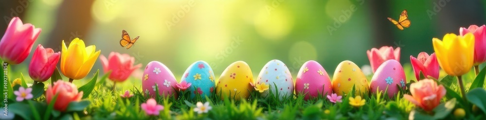 Colorful Easter eggs nestled amongst blooming tulips and fluttering butterflies , background, celebration, insect Colorful Easter eggs nestled amongst blooming tulips and fluttering butterflies , background, celebration, insect