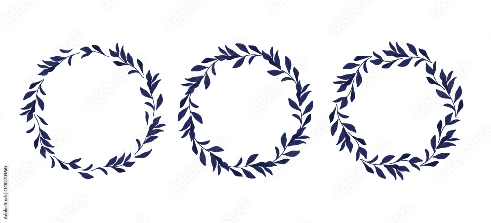 Fototapeta premium Blue Leaves Round Frame set. Twigs wreath. Plant frame. Vector flat Illustration. Natural Wreath isolated on white background For save date, inscriptions For birthday, wedding, Holidays celebrations