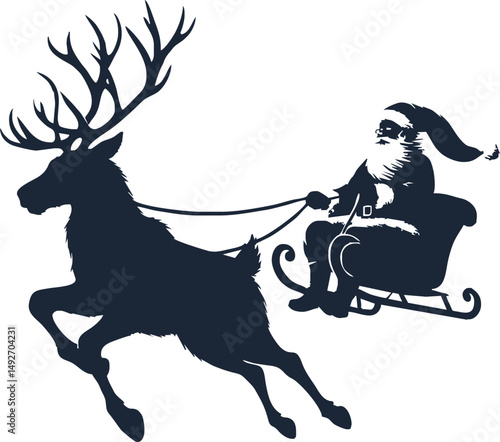 Silhouette of Santa Claus flying with reindeer isolated simple vector art on white background
