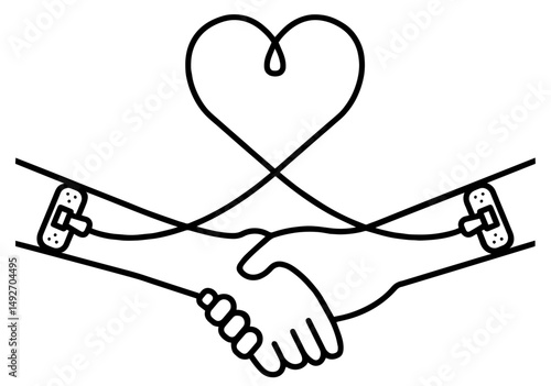 Two Arms with Tourniquets Shaking Hands, Connected by Heart Line, Blood Donation, Solidarity, Saving Lives, Humanity, Volunteering Support for World Blood Donor Day, Health Campaigns