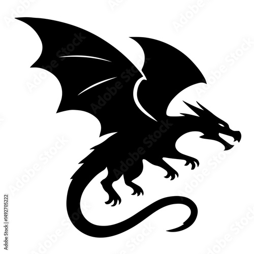 Silhouette of Flying Dragon with Open Mouth and Wings. Fantasy, Mythology, Magic, Eastern Culture for International Fantasy Day, Chinese New Year, Dragon Boat Festival, Talk Like a Dragon Day,