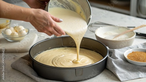 Batter being poured into a round cake pan on a kitchen counter.