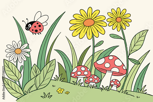 185 bright yellow sunflowers, pink daisies, red and white spotted mushrooms, playful cartoon flowers and insects, lush green foliage, whimsical fantasy landscape, vibrant colors, detailed digital illu