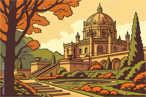 186 ornate castle, medieval architecture, ornate dome, autumn foliage, landscaped garden, stepping stones, ornamental pond, lush greenery, detailed trees, lighting and shadows, photorealistic, 8k, int