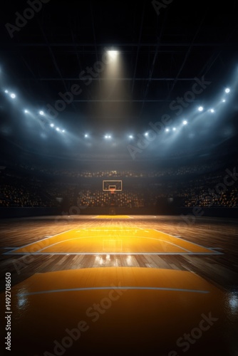 Perspective of Basketball Court in Arena with Bright Lights and Crowd; Professional Sports Venue for Game or Tournament; Indoor Stadium