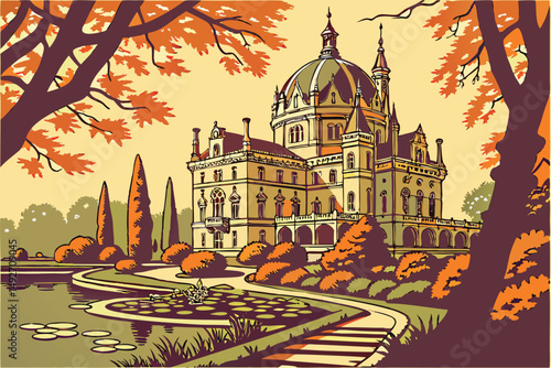 186 ornate castle, medieval architecture, ornate dome, autumn foliage, landscaped garden, stepping stones, ornamental pond, lush greenery, detailed trees, lighting and shadows, photorealistic, 8k, int