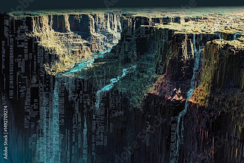 Glitch-art digital terrain map with pixelated rivers, corrupted elevation data, and error cliffs with distorted text waterfalls