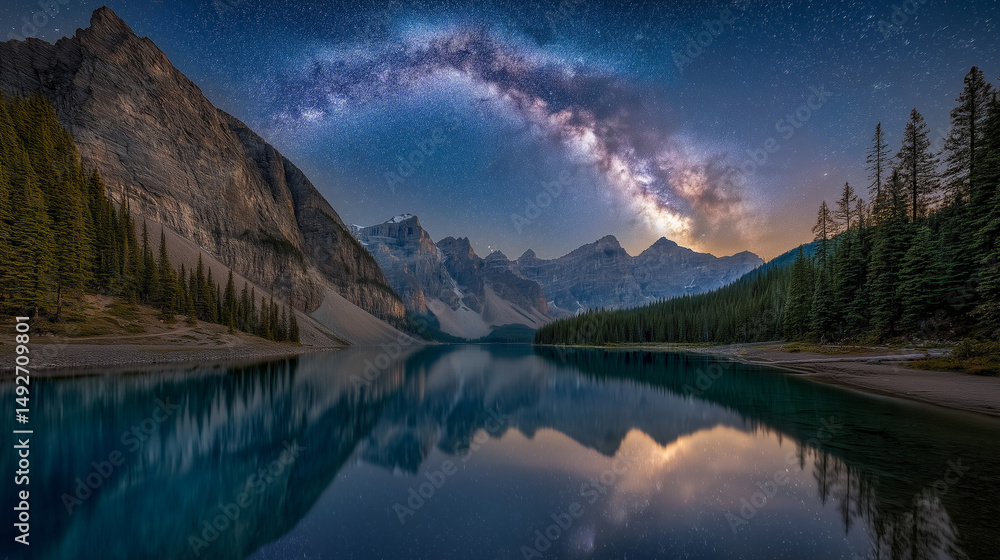 Fototapeta premium A mesmerizing night scene of a starry lake and mountains