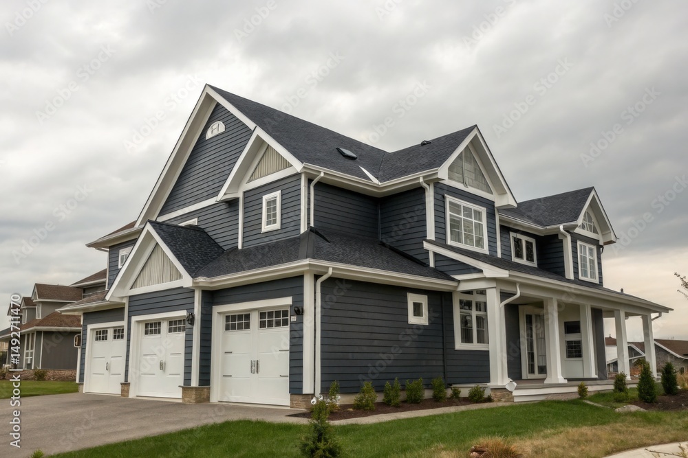 Detached Blue Suburban House with Garage and Garden Detached Blue Suburban House with Garage and Garden