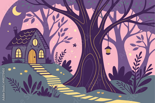 187 enchanted fairy tale forest scene, magical fantasy landscape, glowing cottages on trees, vibrant colorful night sky with stars, bioluminescent fireflies, mystical staircase leading to house, fanta