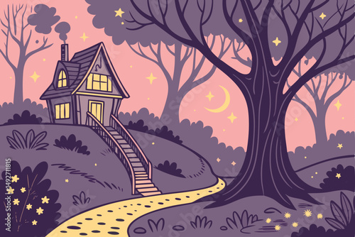 187 enchanted fairy tale forest scene, magical fantasy landscape, glowing cottages on trees, vibrant colorful night sky with stars, bioluminescent fireflies, mystical staircase leading to house, fanta