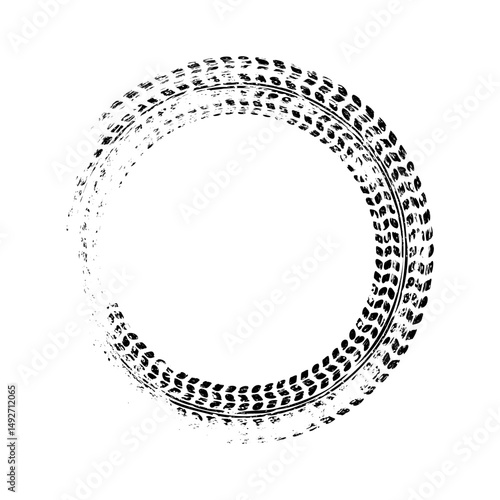 Grunge circle tire track, wheel braking mark. Truck, car or motorcycle tread pattern silhouettes. Auto race, motorsport, speed racing design element. Vector illustration