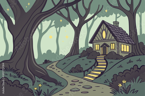 187 enchanted fairy tale forest scene, magical fantasy landscape, glowing cottages on trees, vibrant colorful night sky with stars, bioluminescent fireflies, mystical staircase leading to house, fanta