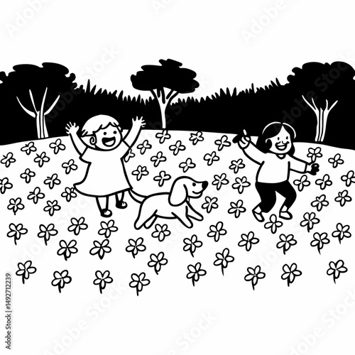 In a fun cartoon illustration, a child boy and girl, part of a loving family, enjoy their holiday playing on a swing in the park