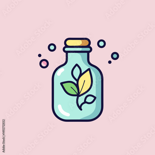 Elegant bottle with leaf design in pastel colors on pink background copy space