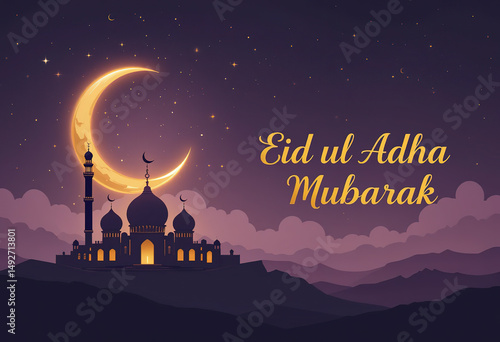 Eid ul Adha Mubarak Islamic Greeting with Crescent Moon and Mosque