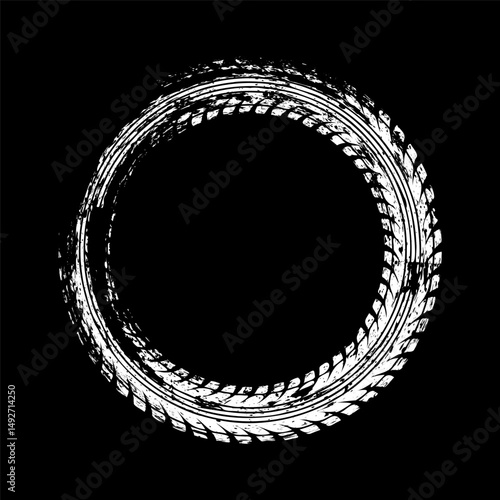 Grunge circle tire track, wheel braking mark. Truck, car or motorcycle tread pattern silhouettes. Auto race, motorsport, speed racing design element. Vector illustration