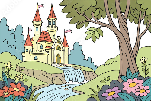188 fantasy landscape, stained glass castle, magical floating island, colorful flowers, lush foliage, cascading waterfall, whimsical, detailed, vibrant colors, digital art