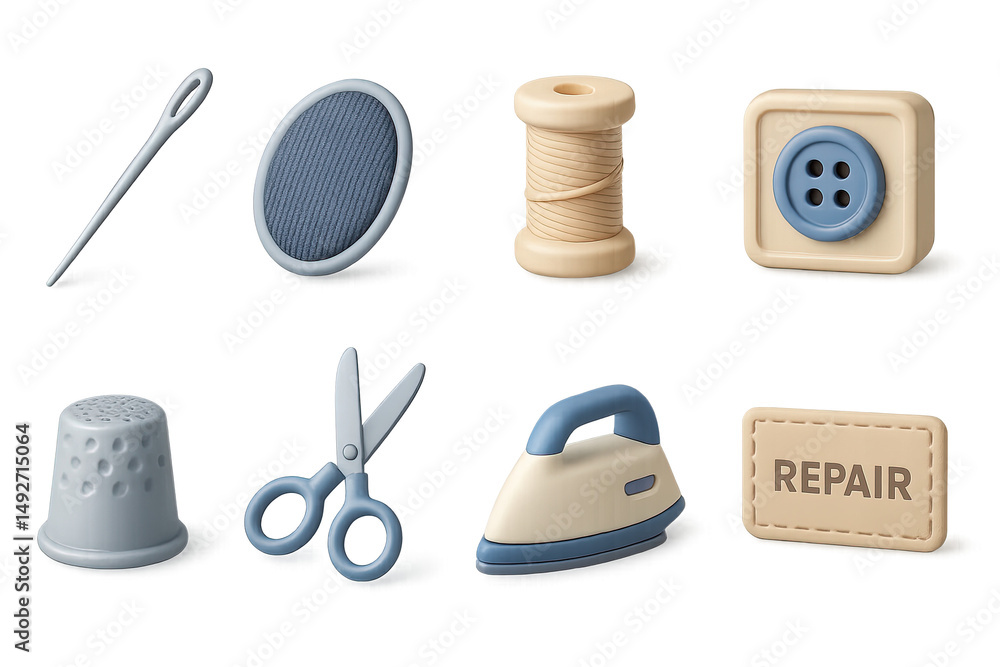 Obraz premium Sewing and tailoring 3d icons set – needlework, crafting, design elements