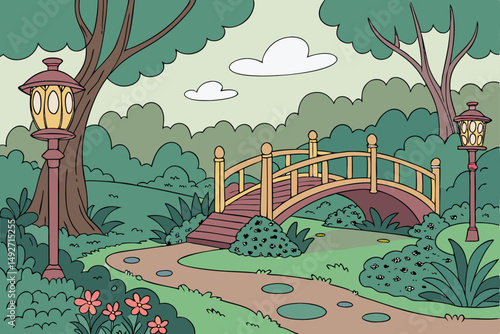 189 fantastic landscape, whimsical forest, enchanted garden, vibrant colors, intricate details, dreamlike scenery, lush greenery, winding paths, ornate bridges, lanterns, fantasy elements, magical atm