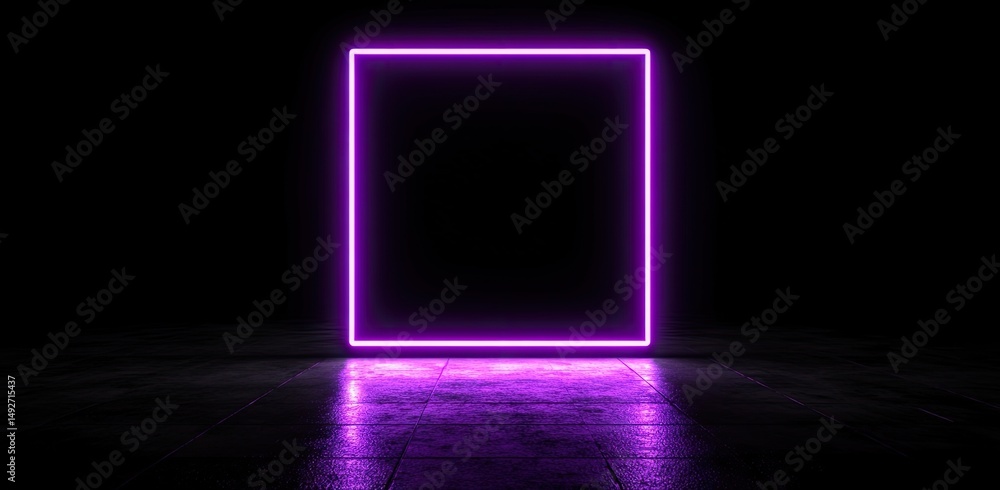 A glowing neon square frame illuminates a dark. reflective floor. creating a striking contrast in a minimalist space. ideal for modern art or digital design concepts A glowing neon square frame illuminates a dark. reflective floor. creating a striking contrast in a minimalist space. ideal for modern art or digital design concepts