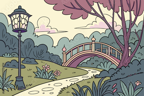 189 fantastic landscape, whimsical forest, enchanted garden, vibrant colors, intricate details, dreamlike scenery, lush greenery, winding paths, ornate bridges, lanterns, fantasy elements, magical atm