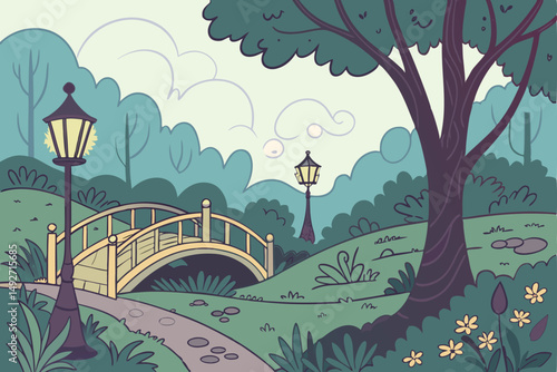 189 fantastic landscape, whimsical forest, enchanted garden, vibrant colors, intricate details, dreamlike scenery, lush greenery, winding paths, ornate bridges, lanterns, fantasy elements, magical atm