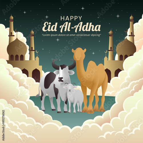 Happy Eid Al Adha Mubarak design with livestock and clouds