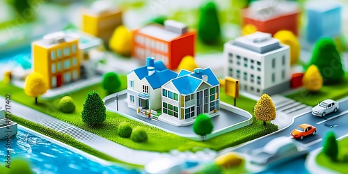 Fototapeta Naklejka Na Ścianę i Meble -  Miniature urban landscape showcasing residential buildings and infrastructure