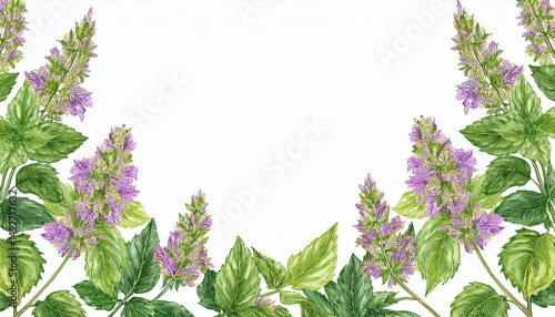 plant patchouli branch with flowers and leaves frame conposition hand drawn watercolor illustration isolated on white background