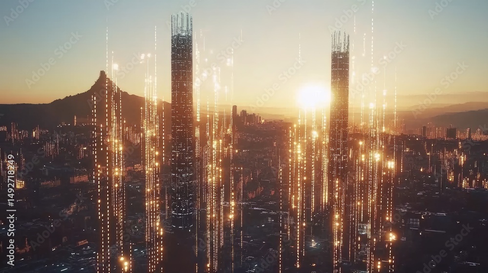 Fototapeta premium Futuristic cityscape illuminated by golden digital connections.