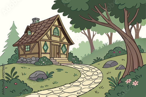 190 enchanted cottage, charming garden, lush vegetation, cobblestone pathway, stone decor, wooden cabin, rustic ambiance, vibrant colors, natural lighting, serene atmosphere, fairy tale setting