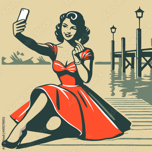 Vintage Sassy Lady Selfie Illustration.