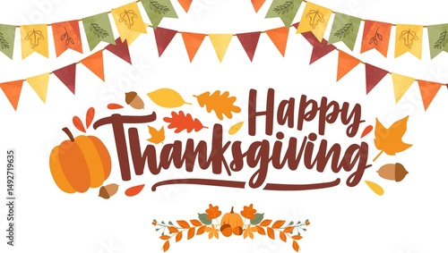 Happy thanksgiving banner design. Thanksgiving teks lettering. Thanksgiving with colorful autumn leaves