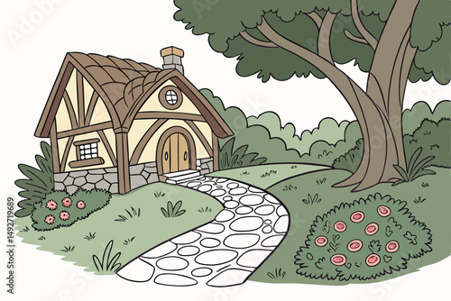 190 enchanted cottage, charming garden, lush vegetation, cobblestone pathway, stone decor, wooden cabin, rustic ambiance, vibrant colors, natural lighting, serene atmosphere, fairy tale setting