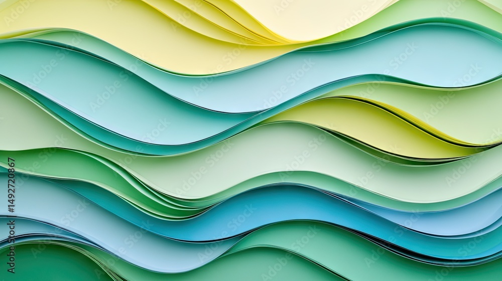 Fototapeta premium A vibrant abstract composition of layered paper waves in shades of green and yellow. creating a sense of depth and movement. ideal for backgrounds and design projects