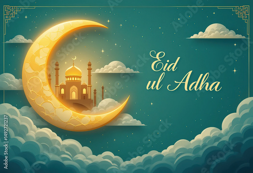 Eid ul Adha Mubarak Islamic Greeting with Crescent Moon and Mosque