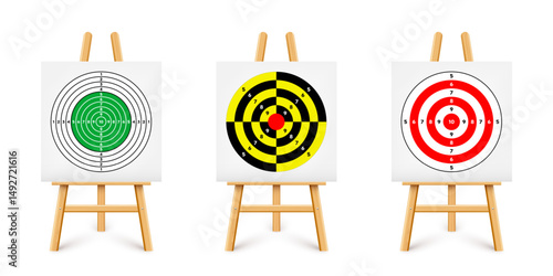 Shooting range target on a wooden easel stand. Paper target with divisions, marks and numbers. Archery, gun shooting and training, sport competition, hunting. Bullseye and aim. Vector illustration