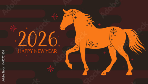 Happy 2026 New Year of the Horse, Lunar New Year or Chinese New Year. Paper applique, yellow horse on a dark brown background. Greeting card or banner. Zodiac animal character.